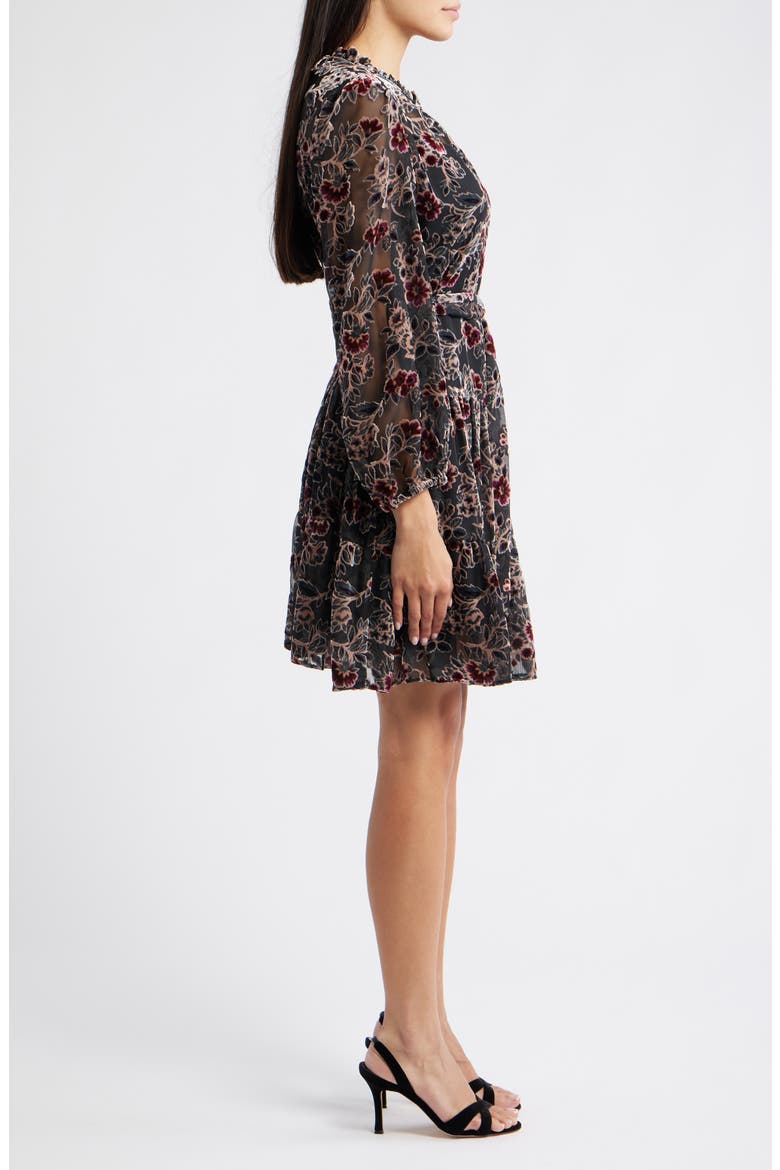 Burnout Velvet Floral Long Sleeve Fit & Flare Dress, Alternate, color, BLACK MULTI