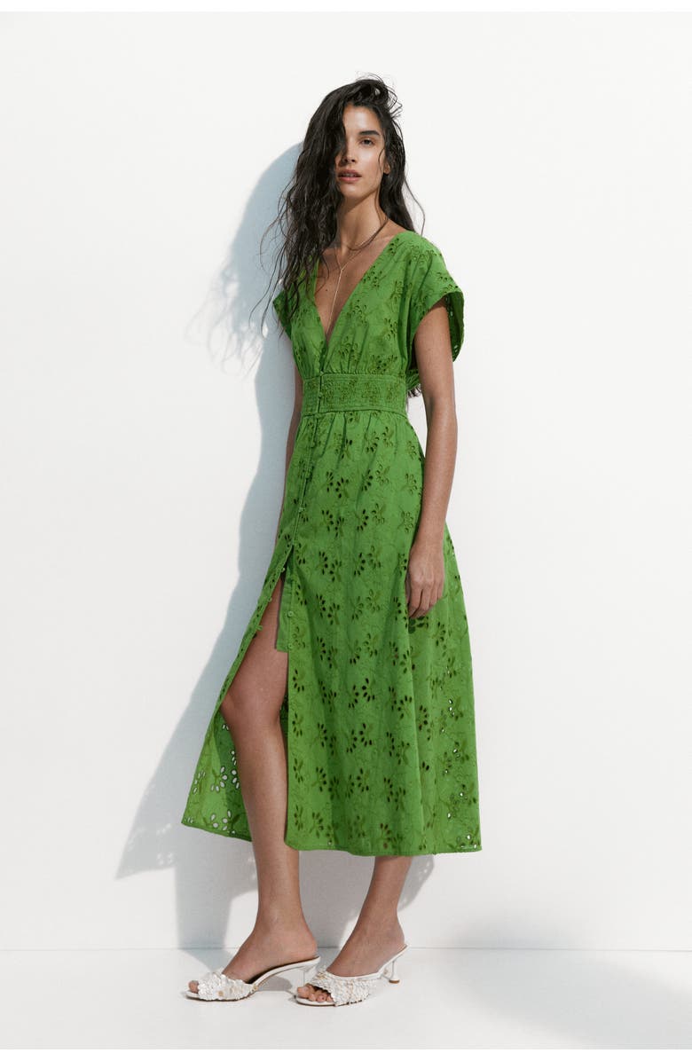 H&M Broderie-anglaise Cotton Dress, Alternate, color, Green