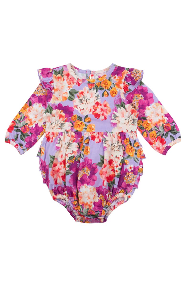 RuffleButts Long Sleeve Flutter Bubble Romper, Main, color, Lavender Valley