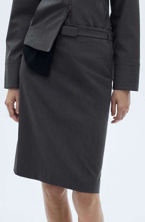 Belted Pinstripe Stretch Pencil Skirt