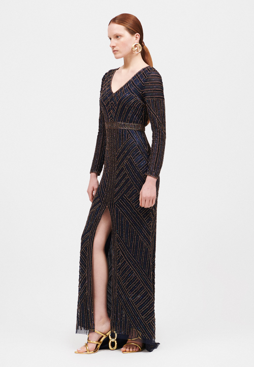 Beauut Embellished Sequin Beaded V Neck With Long Sleeves Maxi Dress In Navy