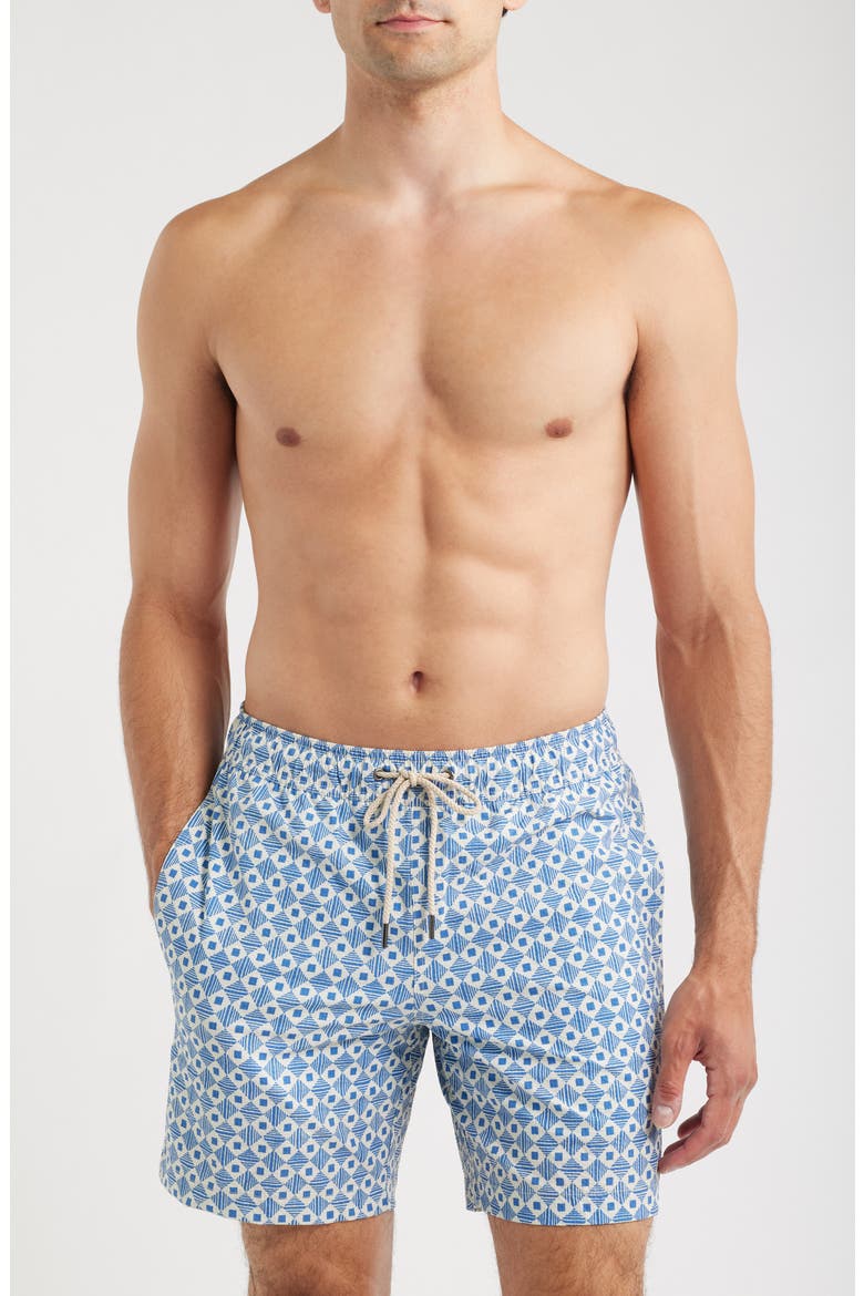 The Bayberry Geo Print Water Repellent Swim Trunks, Main, color, SEARSUCKER SEA BLUE TILES