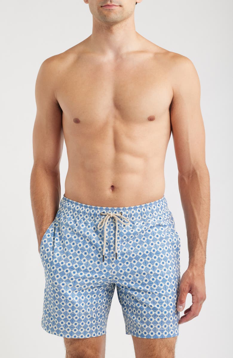 Fair Harbor The Bayberry Geo Print Water Repellent Swim Trunks, Main, color, Searsucker Sea Blue Tiles