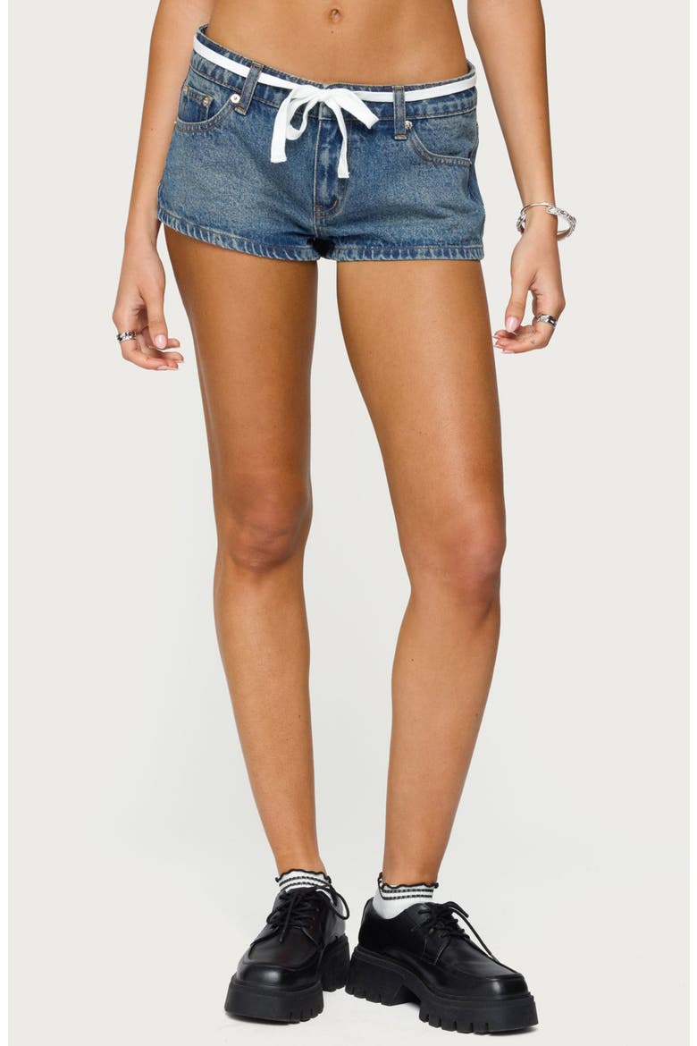 Olesia Tie Waist Low Rise Denim Shorts, Main, color, BLUE-WASHED