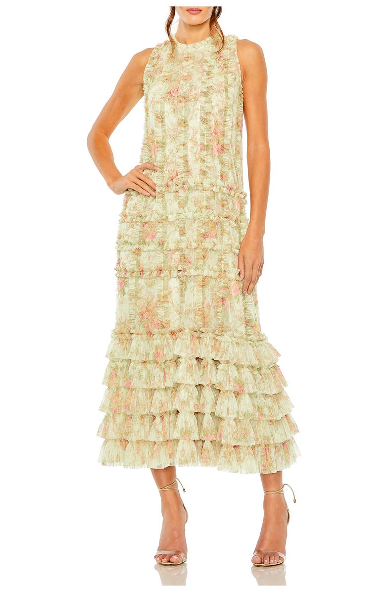 Mac Duggal Floral Tiered Ruffle Sleeveless Midi Dress, Main, color, Sage Multi