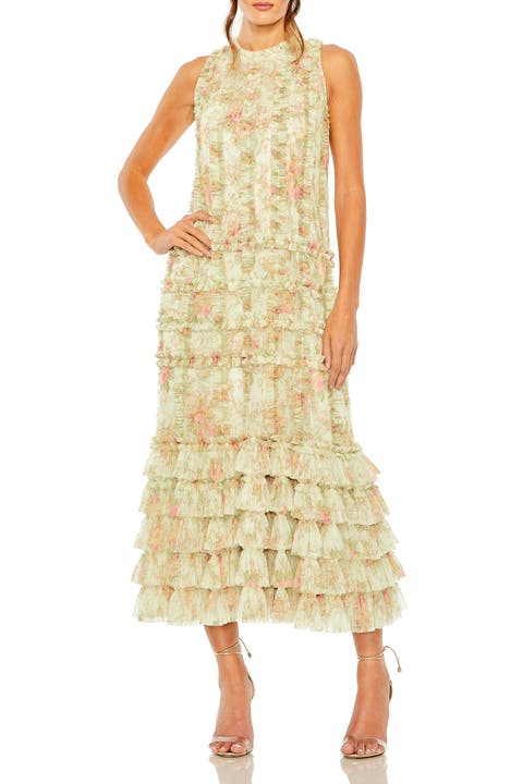Floral Tiered Ruffle Sleeveless Midi Dress