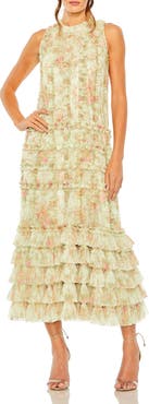Mac Duggal Floral Tiered Ruffle Sleeveless Midi Dress