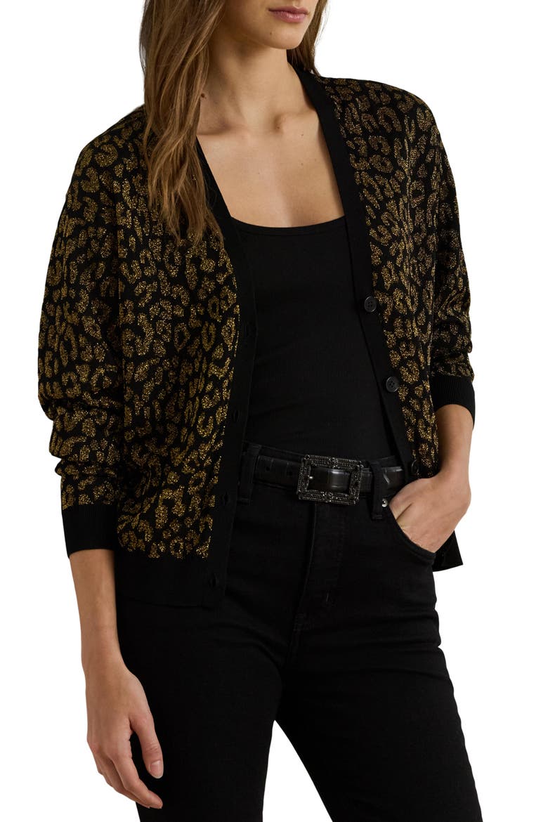 Metallic Double Knit Cardigan, Main, color, BLACK/ RELIC GOLD METALLIC