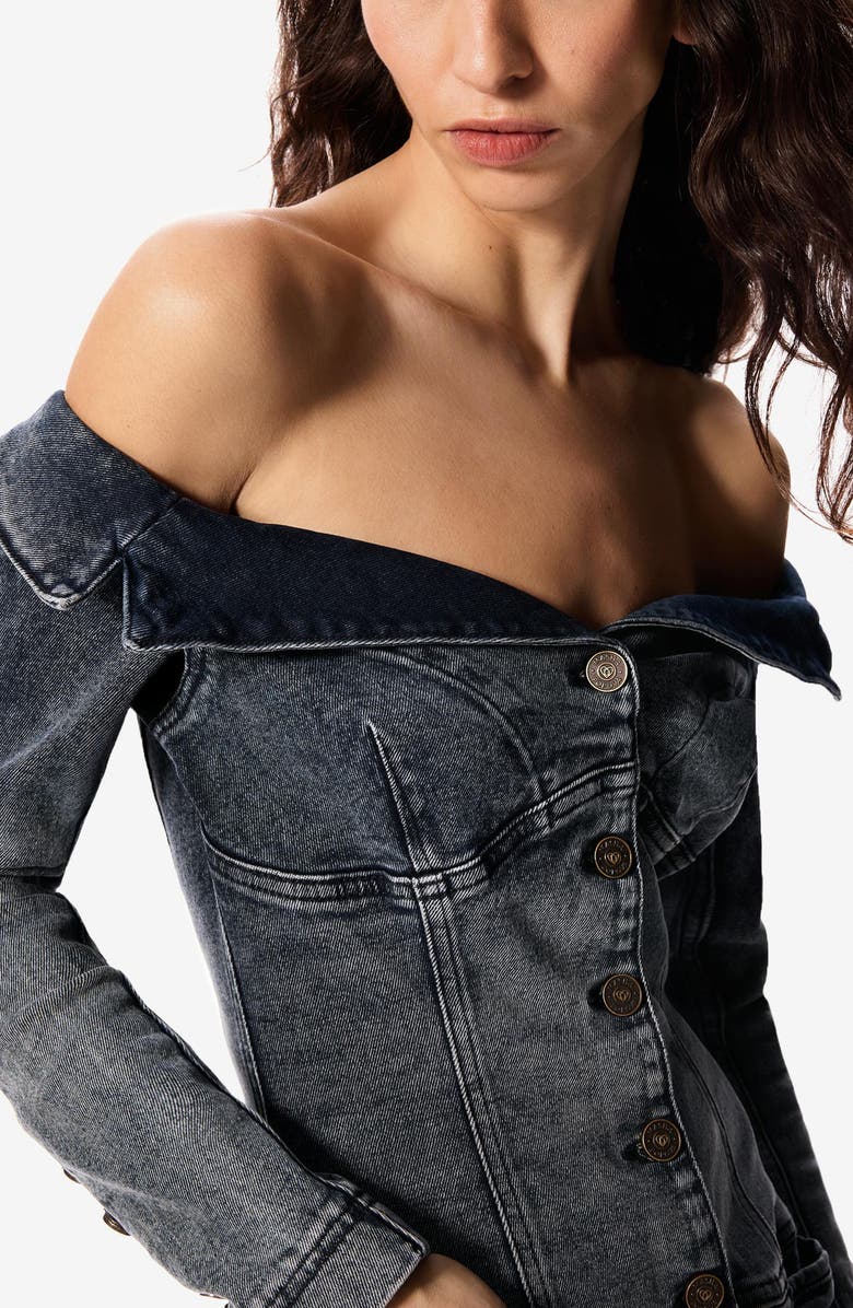 Desigual x Masha Popova Long Sleeve Off the Shoulder Denim Minidress, Alternate, color, Gray