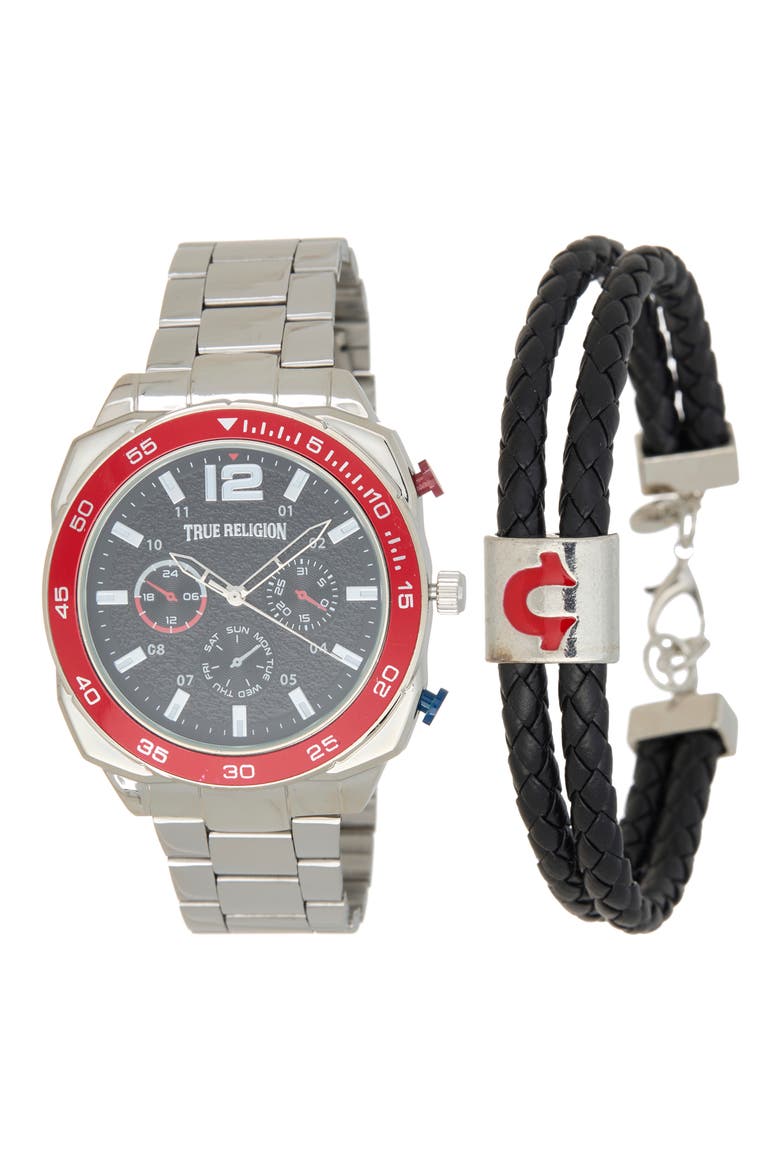 Braided Faux Leather Bracelet and Quartz Watch Set, 44mm, Main, color, SILVER