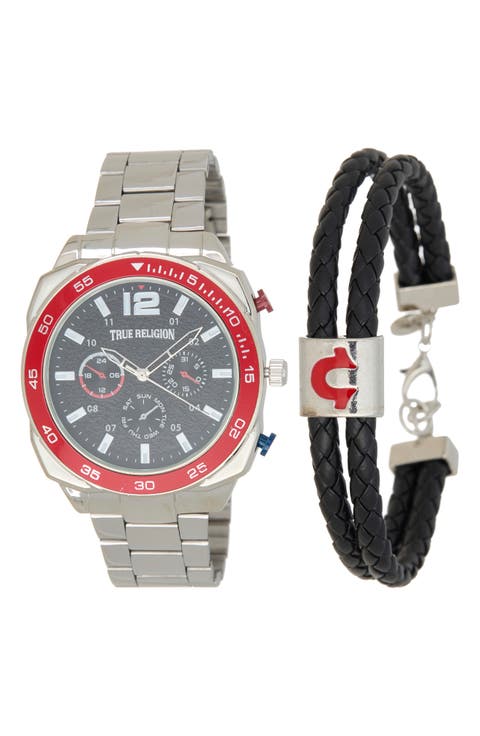 Braided Faux Leather Bracelet and Quartz Watch Set, 44mm