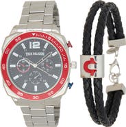 True Religion Braided Faux Leather Bracelet and Quartz Watch Set, 44mm