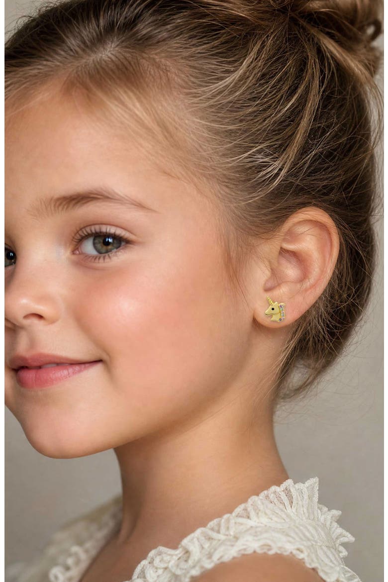 Kids' Pavé Cubic Zirconia Unicorn Stud Earrings, Alternate, color, GOLD