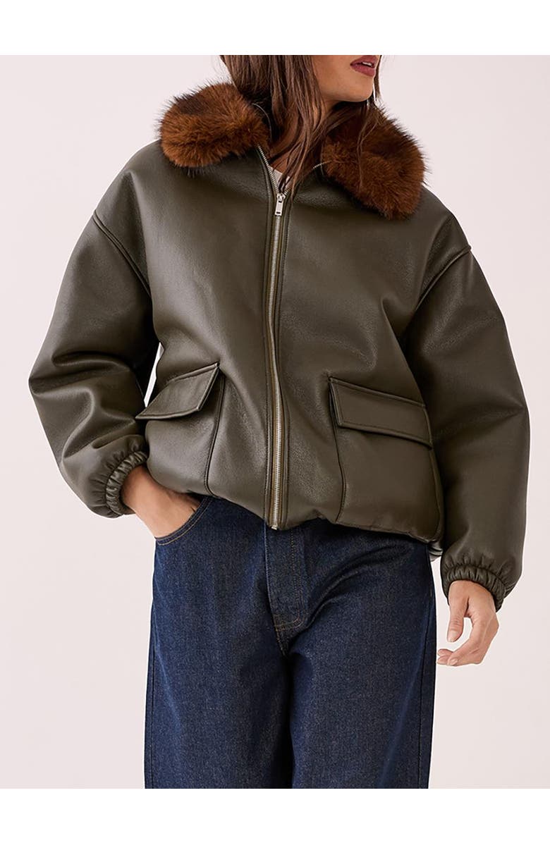 NASTY GAL Faux Fur Collar Bomber Jacket, Alternate, color, Khaki