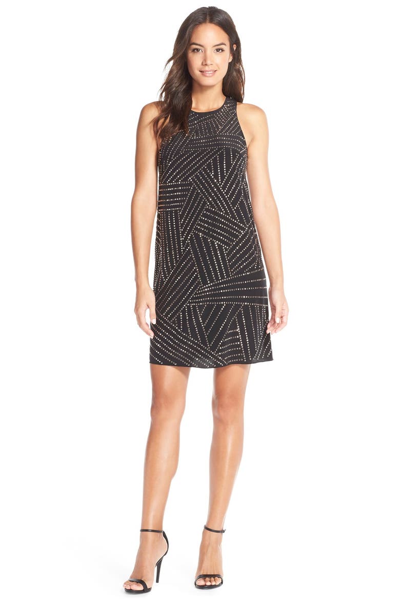Beaded Silk Shift Dress, Main, color, BLACK