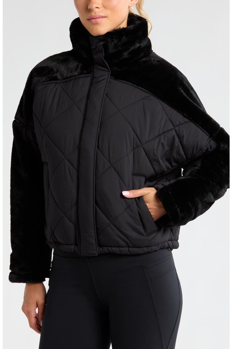 Faux Fur Mixed Media Quilted Jacket, Alternate, color, BLACK