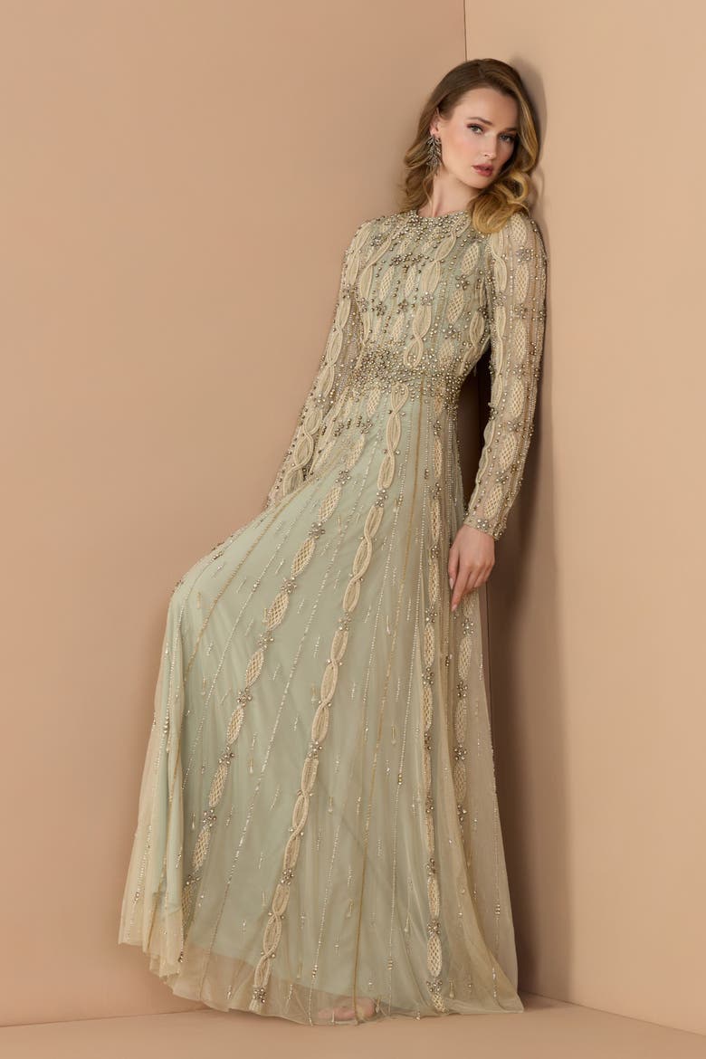 Embellished Mesh Long Sleeve A Line Gown, Alternate, color, Light/Pastel Green