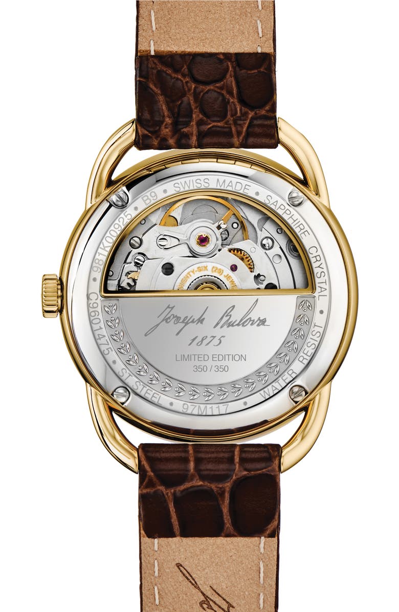 BULOVA Joseph Bulova Commodore Leather Strap Watch, 34.4mm, Alternate, color, Gold-Tone