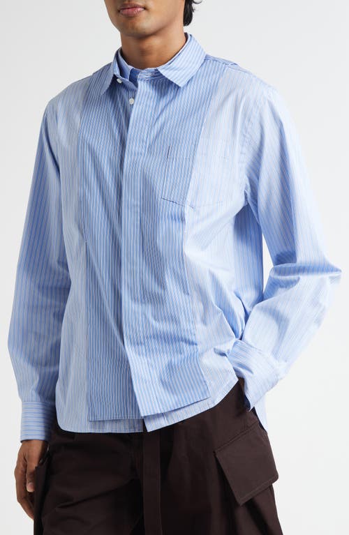 Sacai Stripe Overlay Cotton Poplin Button-up Shirt In Blue