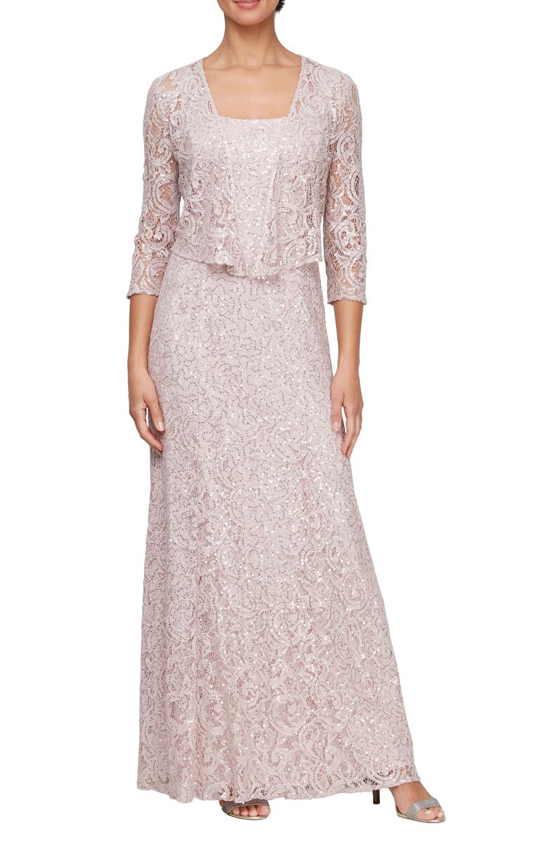 Alex Evenings Two-Piece Sequin Lace Gown & Jacket, Main, color, Shell Pink