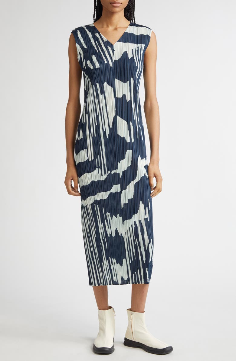 Pleats Please Issey Miyake Refraction Print Pleated Midi Dress, Main, color, Grayish Navy