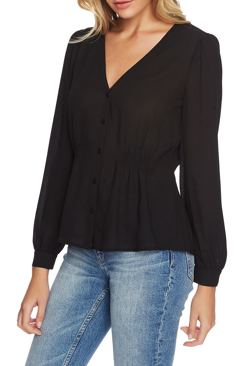 Cinched Waist Button Front Blouse, Alternate, color, RICH BLACK