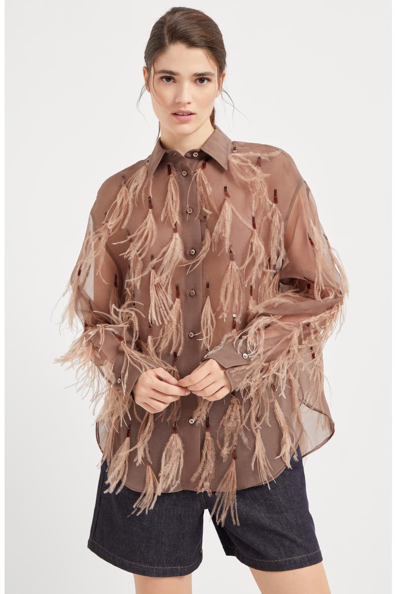 Crispy silk shirt with dazzling feather embroidery, Alternate, color, Brown