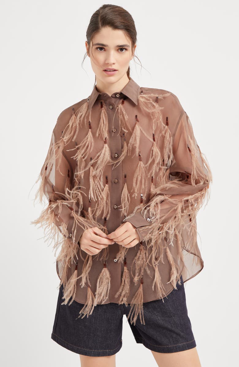 Brunello Cucinelli Crispy silk shirt with dazzling feather embroidery, Alternate, color, 