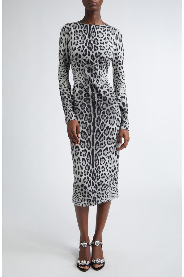 Leopard Print Long Sleeve Charmeuse Sheath Dress, Main, color, HI13N LEO NERO FDO GRIGIO