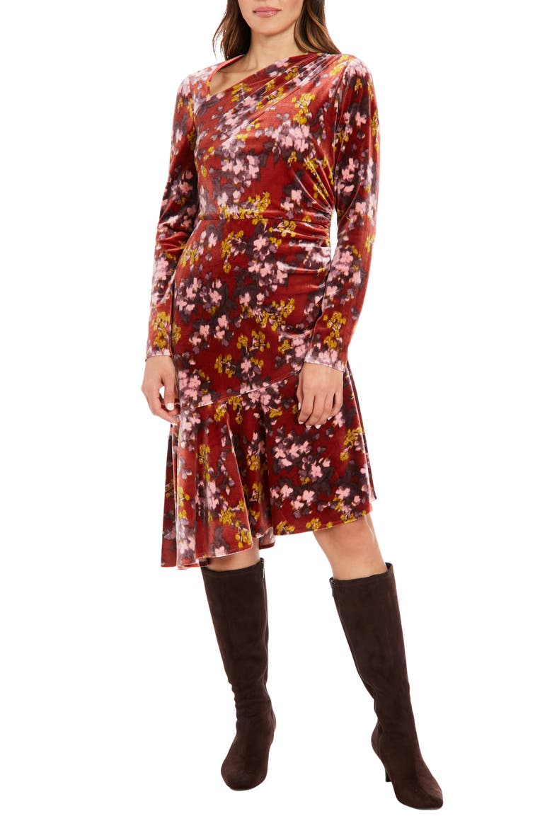 Floral Long Sleeve Ruched Asymmetric Velour Dress, Main, color, RED MULTI