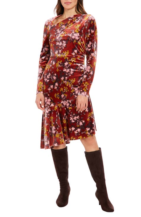 Floral Long Sleeve Ruched Asymmetric Velour Dress