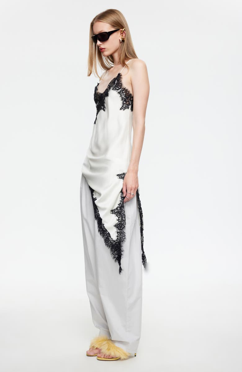 LIONESS Emerging Lace Trim Asymmetric Slipdress, Alternate, color, Porcelain