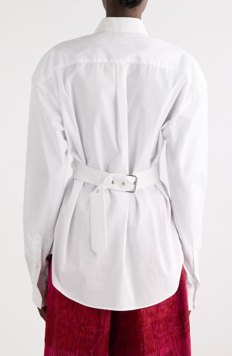 Dries Van Noten Pleated Belted Cotton Button-Up Shirt, Alternate, color, White