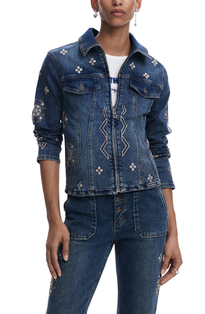 Desigual Zip Denim Trucker Jacket, Main, color, Medium Blue