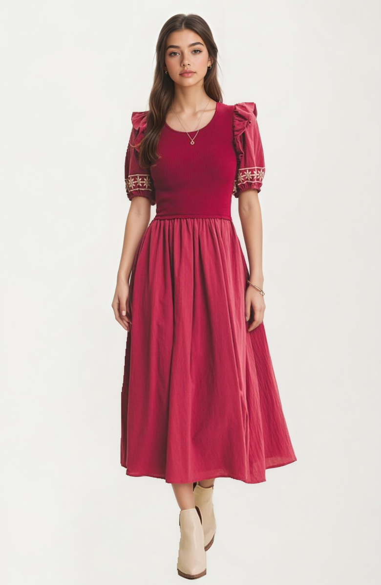 Knit and Lounge Embroidered Trim Puff Sleeve Midi Dress, Main, color, 