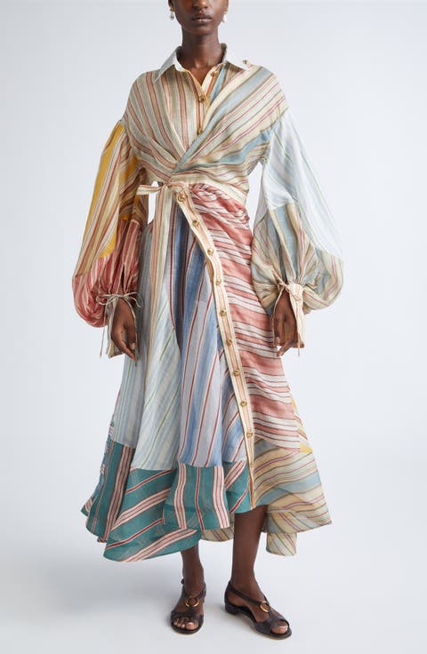 Rebellion Asymmetric Stripe Long Sleeve Linen & Silk Shirtdress (Regular & Petite)