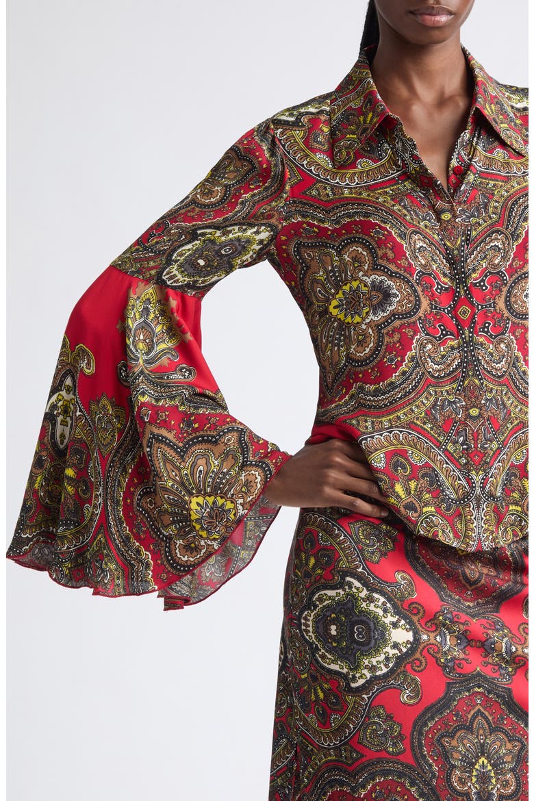 Willa Fitted Button Up Top with Bell Sleeves, Alternate, color, BON VOYAGE HIBISCUS MULTI