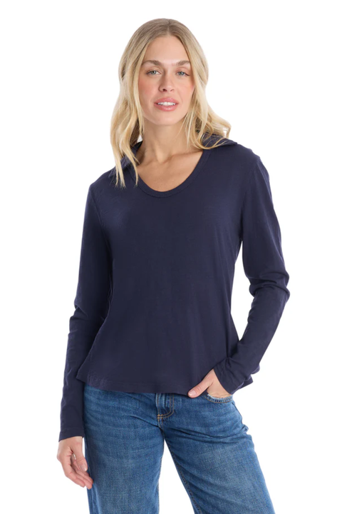 Scoop Neck Long Sleeve Polo Tee with Round Hem