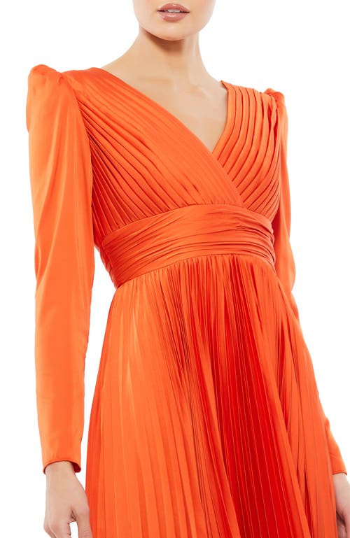 Mac Duggal Faux Wrap Long Sleeve Pleated Satin Gown In Sunset