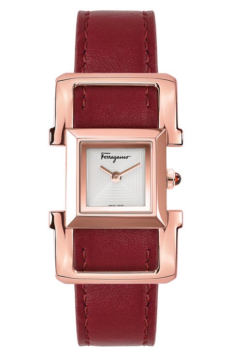Salvatore Ferragamo Square Ingot Leather Strap Watch, 19.5mm