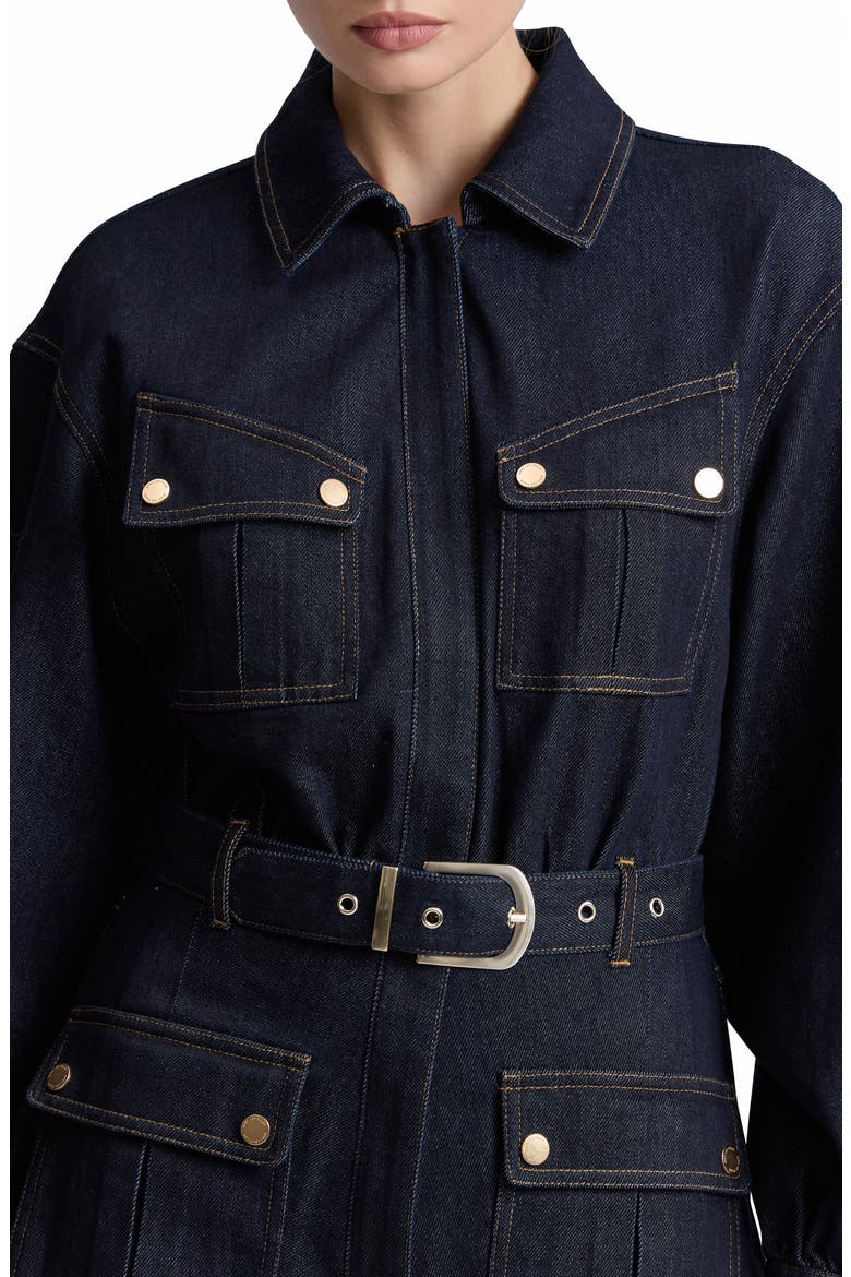 Belted Long Sleeve Stretch Denim MInidress, Alternate, color, DARK RINSE
