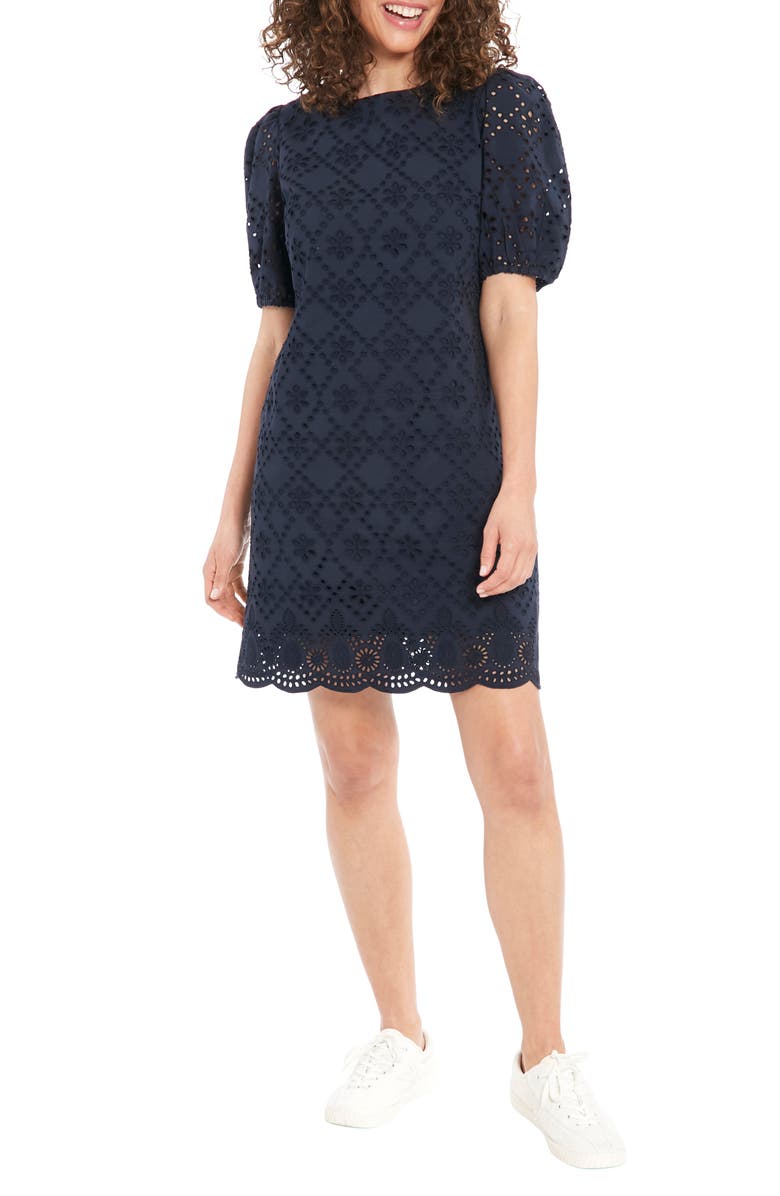 London Times Embroidered Eyelet Shift Dress, Main, color, Navy