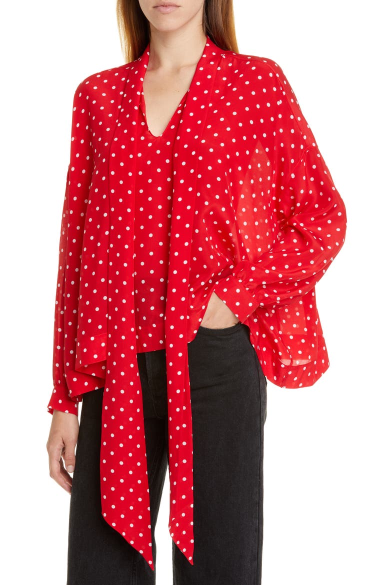 Polka Dot Tie Neck Silk Blouse, Alternate, color, RED/ WHITE