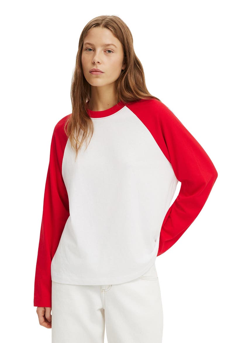 Women's Boxy Raglan Long Sleeve Tee, Main, color, White Red Petal