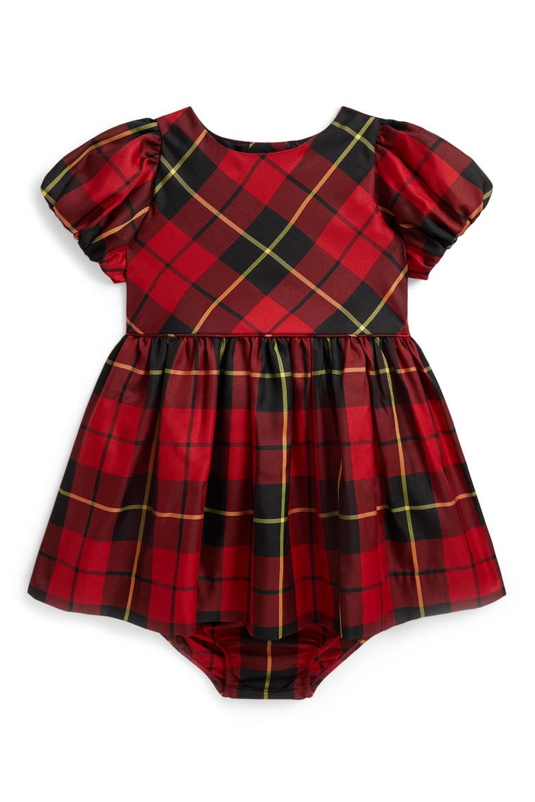 Plaid Puff Sleeve Taffeta Party Dress & Bloomers Set, Main, color, RED-BLACK MULTI PLAID