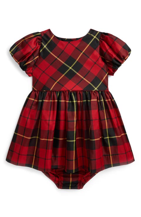Plaid Puff Sleeve Taffeta Party Dress & Bloomers Set