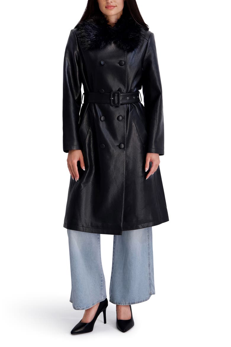 Faux Leather Trench Coat with Faux Fur Collar, Alternate, color, BLACK