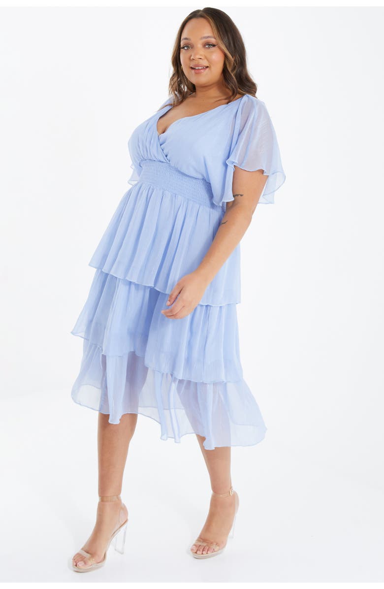 QUIZ Plus Size Chiffon Glitter Tiered Dress, Alternate, color, Blue