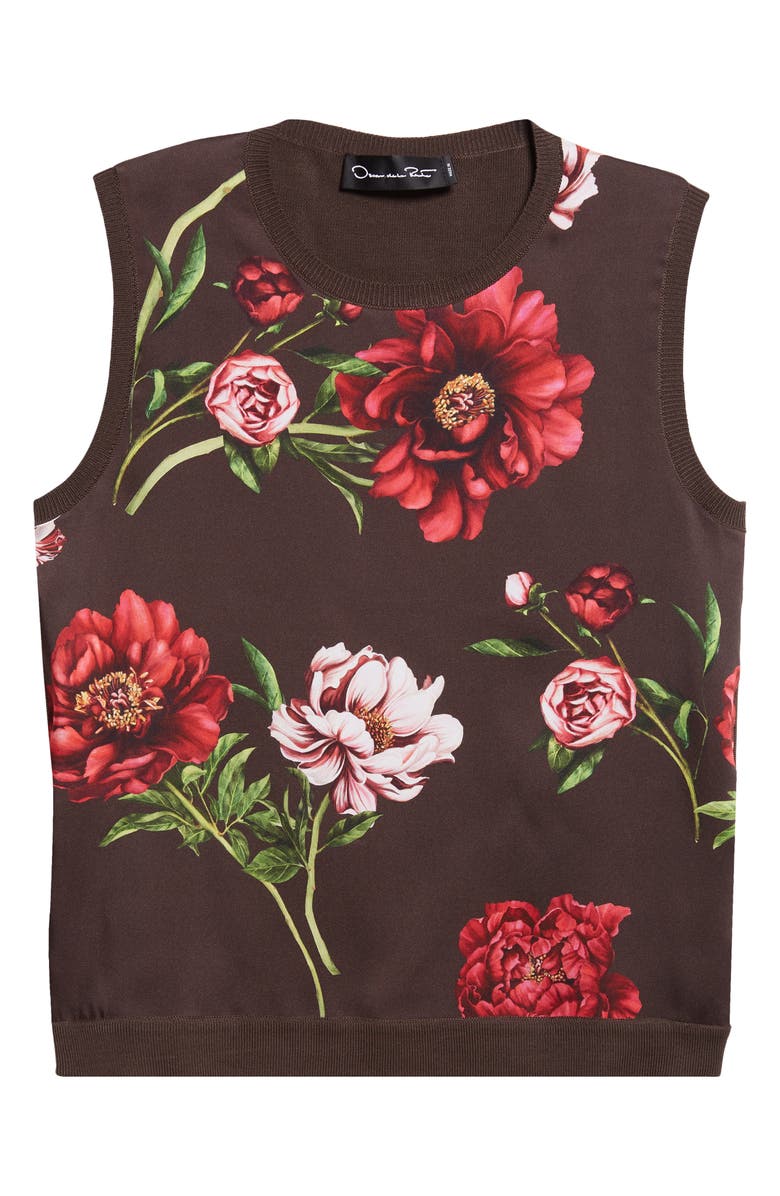 Oscar de la Renta Peony Print Sleeveless Silk Blend Top, Alternate, color, Brown Multi