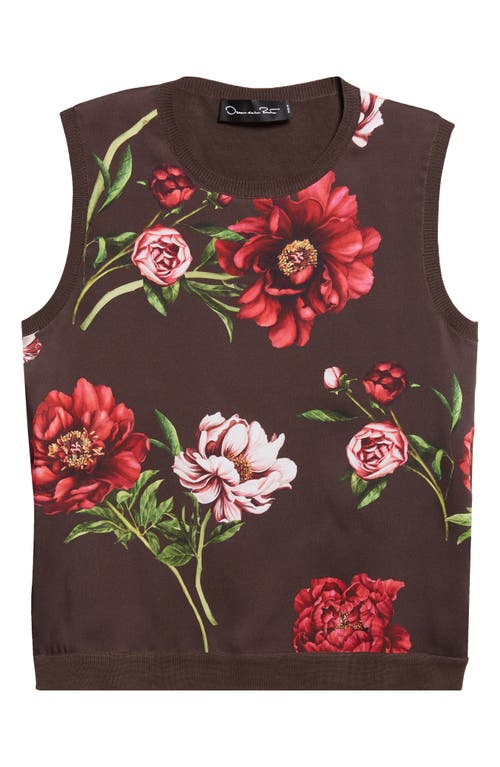 Oscar De La Renta Peony Print Sleeveless Silk Blend Top In Brown